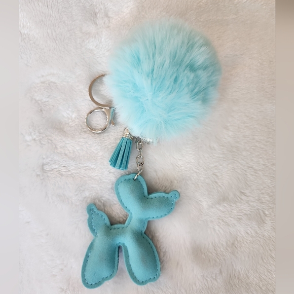 Blue Rhinestone Balloon Dog Keychain with Pom Pom - Picture 4 of 4